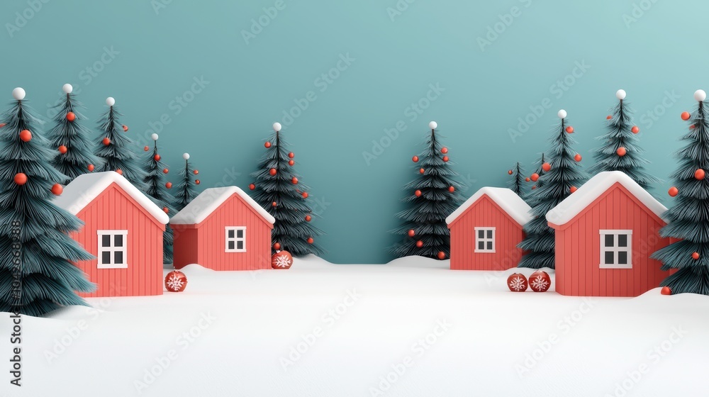 Naklejka premium Festive Snowy Christmas Market Scene with Decorations