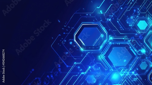 Blue Technology Banner with Circuit Lines and Hexagons.