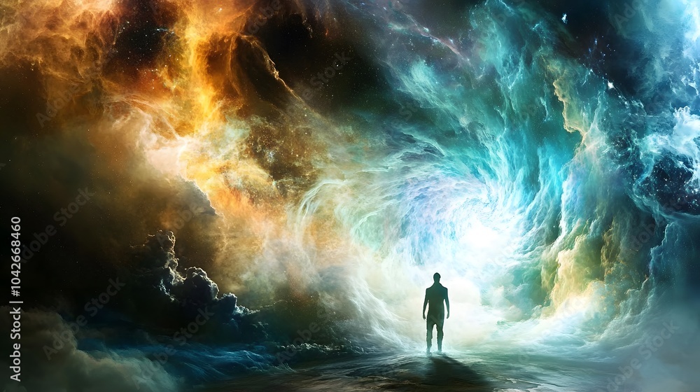 A dream-like scene with swirling nebulae and cosmic elements flowing towards the being as if drawn into its very essence A dream-like scene with swirling nebulae and cosmic elements flowing towards the being as if drawn into its very essence