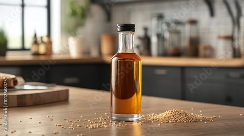 Glass Bottle of Sesame Oil on Wooden Table photo