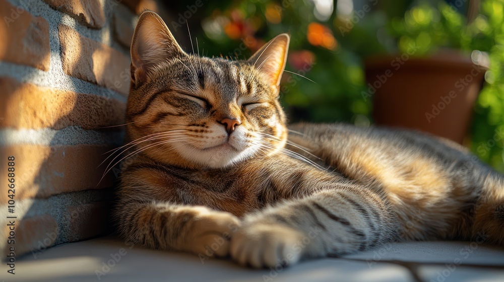 A close-up of a cat lounging in the sun with its eyes half-closed. A close-up of a cat lounging in the sun with its eyes half-closed.