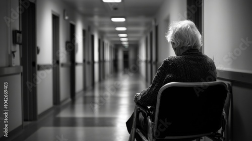 An elderly person alone in a nursing home corridor, Reflecting the isolation of aging amidst institutional care, photography style