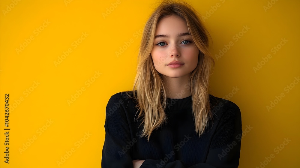 Full body portrait of a confident and stylish German teenager posing in a sleek minimalist streetwear ensemble against a plain chartreuse background leaving ample copy space above the subject