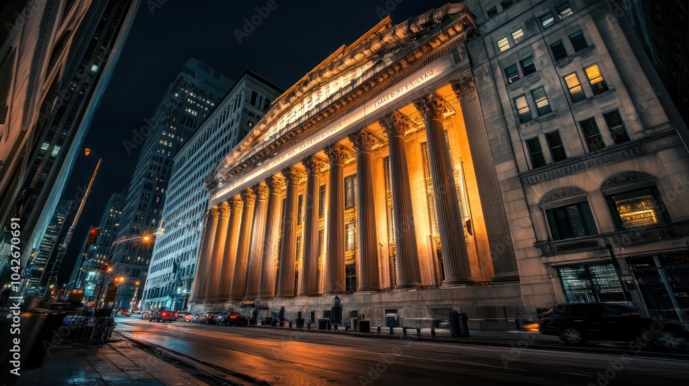 Fototapeta premium Night view of a grand building with illuminated columns amidst city skyscrapers.