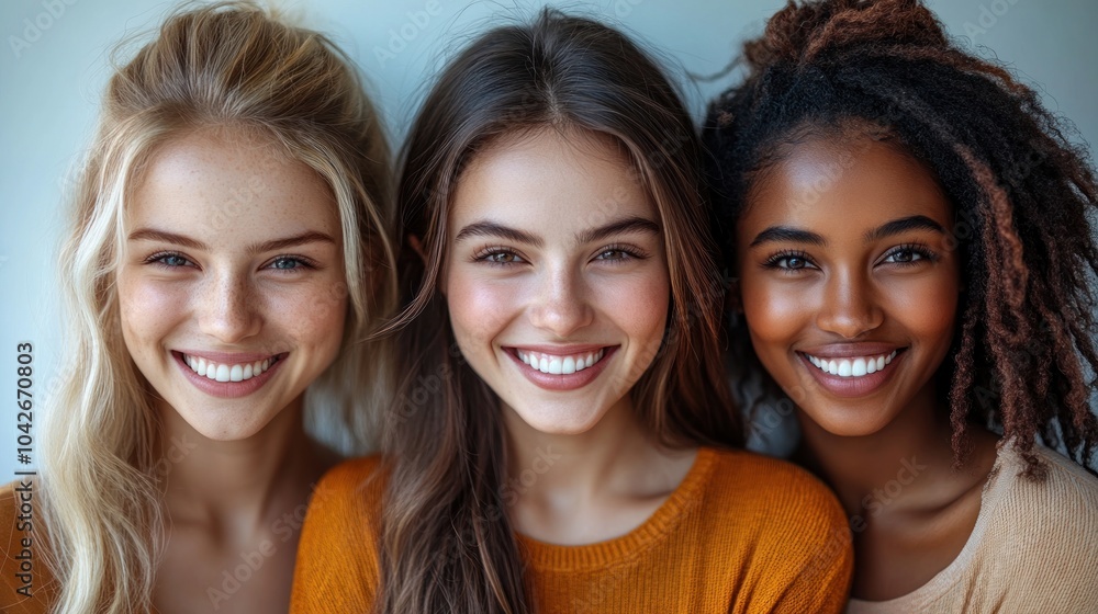 Three smiling women showcasing happiness and friendship. Three smiling women showcasing happiness and friendship.