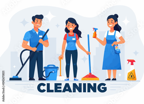 Cleaning Service Team Cartoon Illustration 
