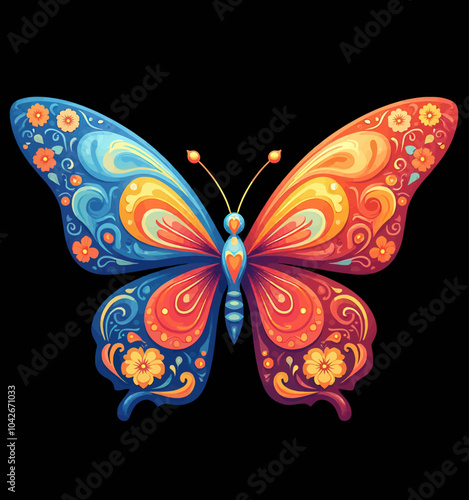 Colorful Butterfly with Floral Patterns on Wings 
