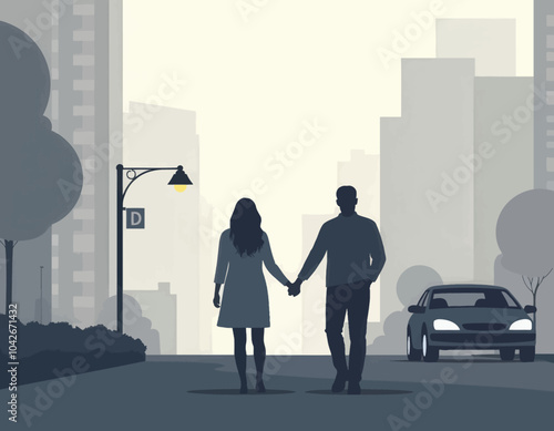 Couple walking on city street at dusk 
