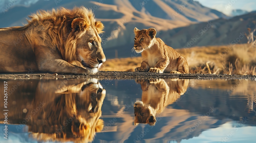 Fototapeta premium A yellow lion youngster observes an adult lion reflection in water against a mountainous backdrop