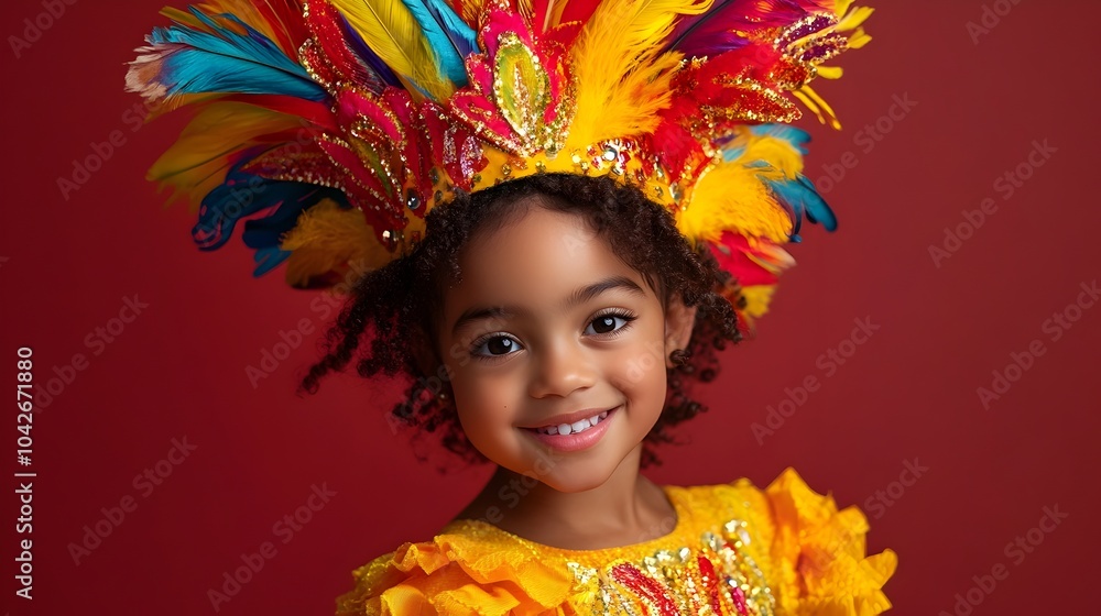 Portrait of a playful and energetic young Brazilian girl dressed in a vibrant and colorful Carnival costume posing confidently against a plain rust red studio background with space for text Portrait of a playful and energetic young Brazilian girl dressed in a vibrant and colorful Carnival costume posing confidently against a plain rust red studio background with space for text