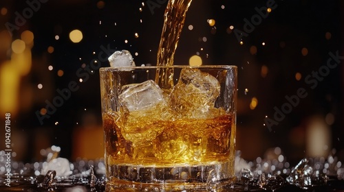 Closeup of Whiskey Being Poured with Ice Cubes