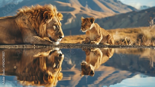 A yellow lion youngster observes an adult lion reflection in water against a mountainous backdrop
