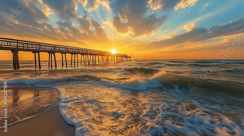A stunning sunset over a pier with waves crashing on the shore.