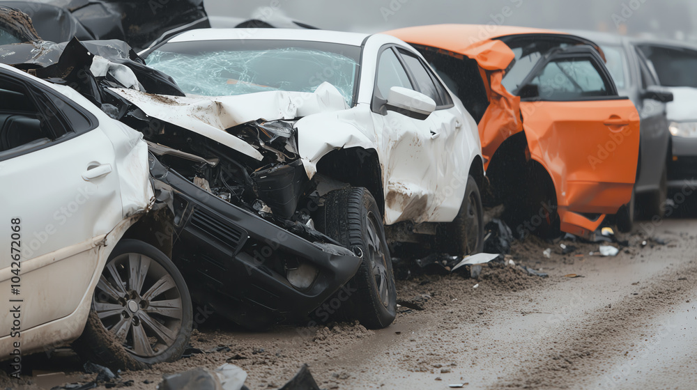 A row of damaged cars in a junkyard, highlighting the effects of accidents and neglect. Emphasizes the deterioration of vehicles in a natural setting. A row of damaged cars in a junkyard, highlighting the effects of accidents and neglect. Emphasizes the deterioration of vehicles in a natural setting.