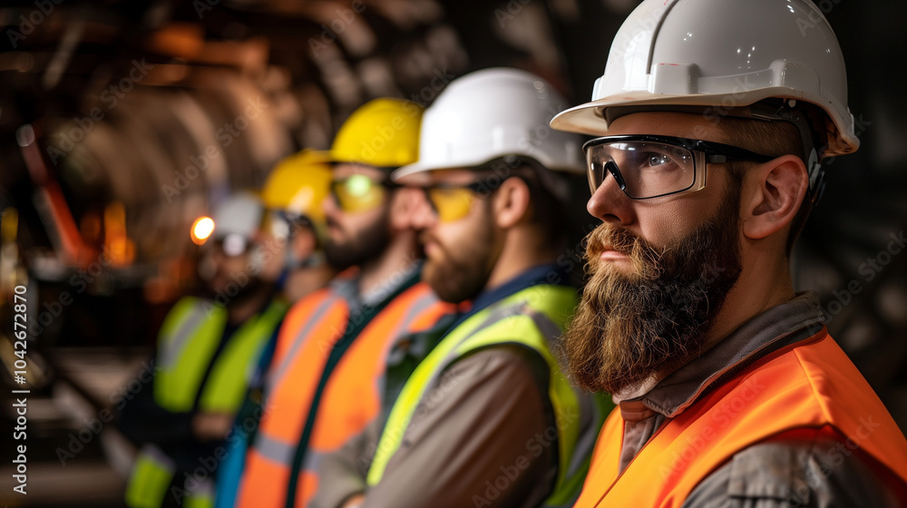A group of construction workers wearing hard hats, safety vests, and protective glasses standing in line at an underground tunnel construction site, focusing on safety and teamwork A group of construction workers wearing hard hats, safety vests, and protective glasses standing in line at an underground tunnel construction site, focusing on safety and teamwork
