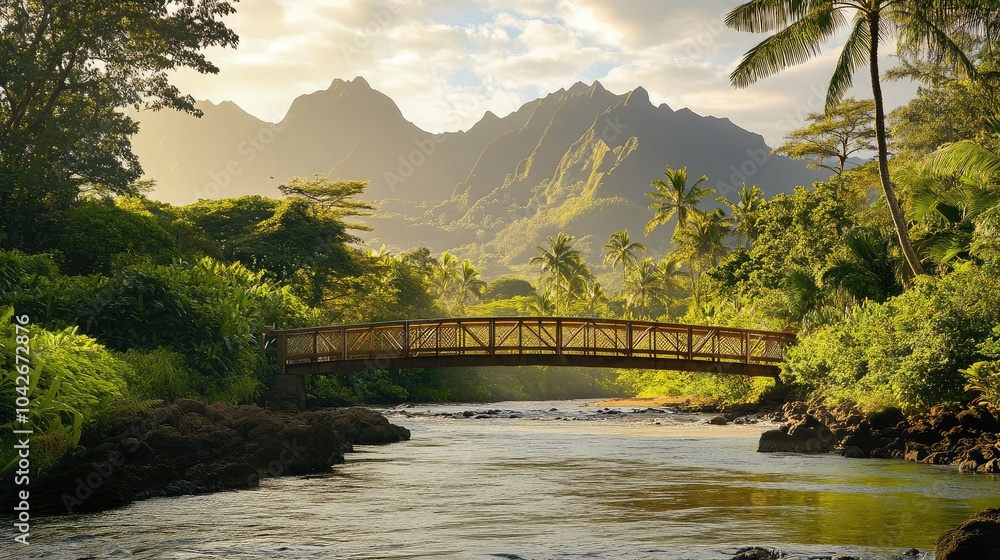 Fototapeta premium Scenic Bridge Over Tranquil River in Tropical Landscape