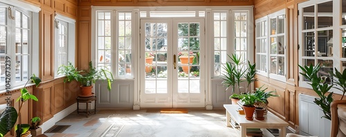 Interior sunroom with white French doors, wooden walls, grey paneling, cream window frames, plants and coffee table near entrance, front door view.