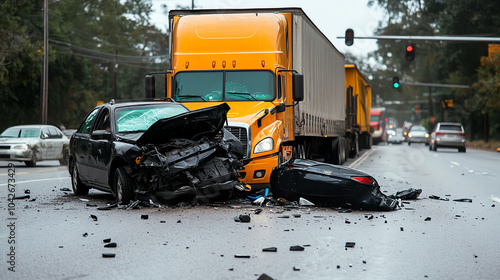 Obraz na płótnie A serious vehicle accident involving a black car and a yellow truck on a busy road, highlighting the dangers of road safety and traffic management. w salonie