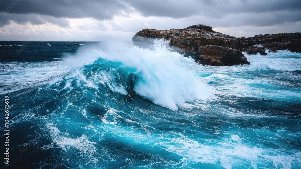 Powerful Waves Crashing Against Rocky Shoreline Powerful Waves Crashing Against Rocky Shoreline