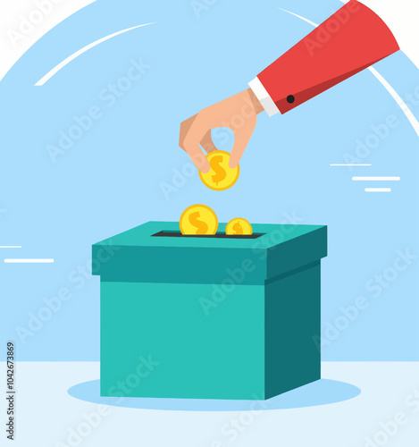 Hand putting coins in donation box.