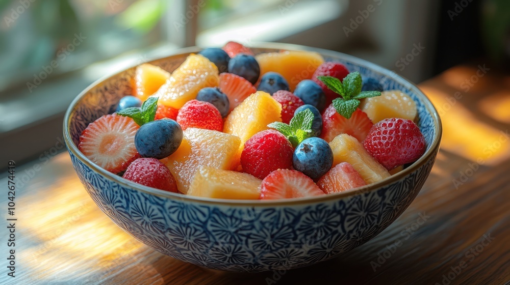 A colorful bowl of tropical fruit on a wooden table with sunlight streaming in. A colorful bowl of tropical fruit on a wooden table with sunlight streaming in.