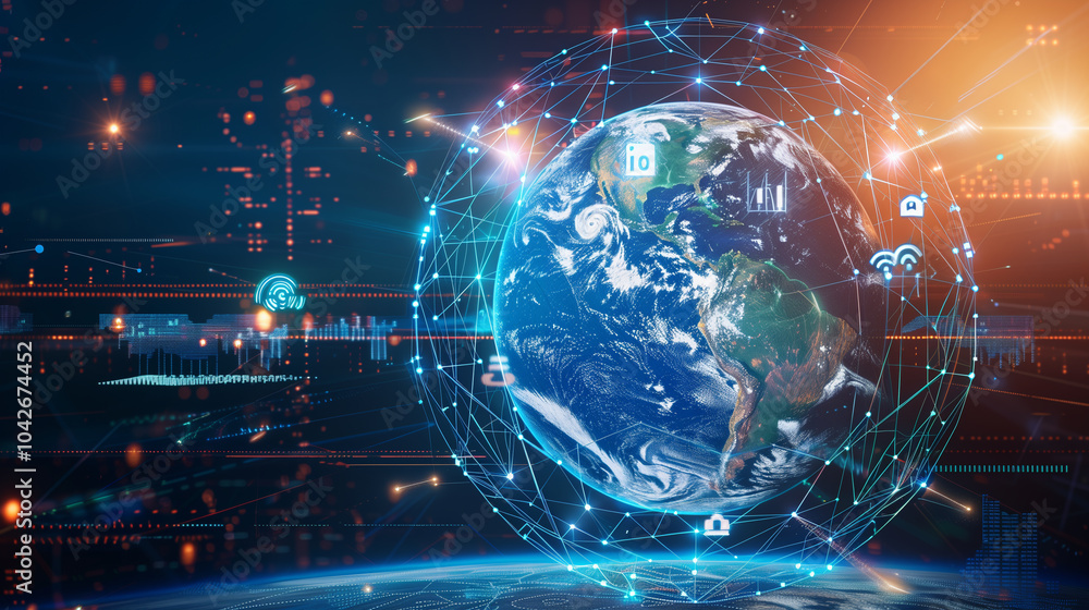 A high-tech digital representation of Earth, surrounded by glowing data connections and networks, showcasing global communication, technology, and futuristic innovation A high-tech digital representation of Earth, surrounded by glowing data connections and networks, showcasing global communication, technology, and futuristic innovation
