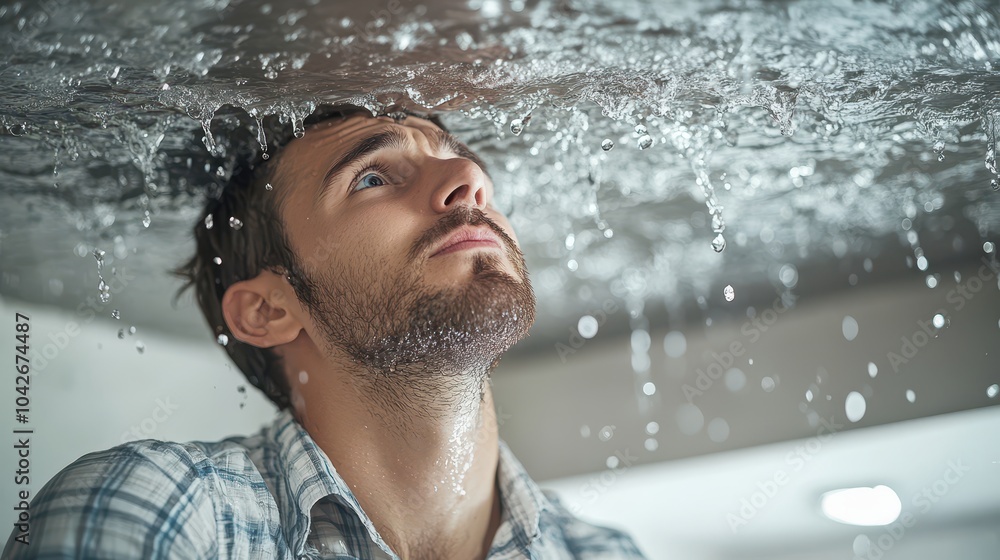 Obraz premium Man Gazing Upward as Water Drips from Ceiling Capturing Emotion and Vulnerability in a Moment of Reflection