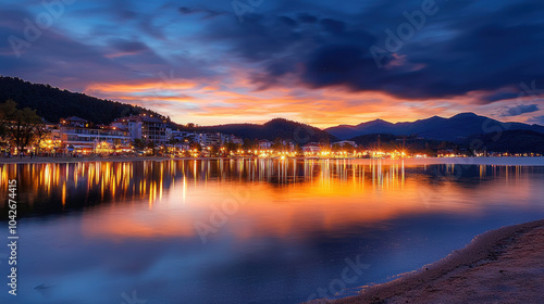 serene sunset over tranquil lake, reflecting vibrant colors and city lights