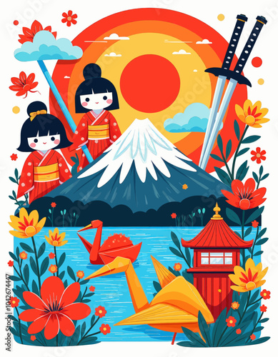 Japanese Illustration with Mount Fuji and Origami Cranes