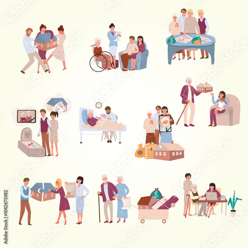 Inheritance flat set of people get property after relatives death and aged men and women bequeath to family isolated vector illustration