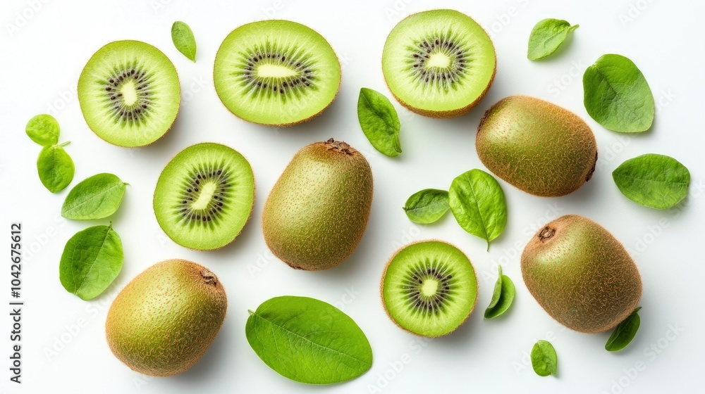 Fototapeta premium Fresh Sliced Kiwi and Whole Kiwi Fruits Arrangement