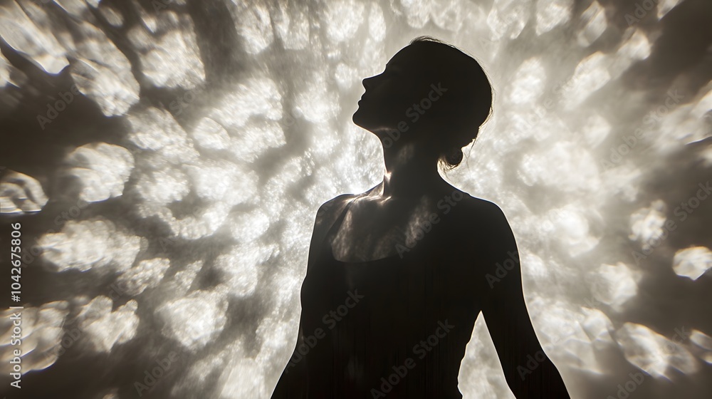 The being's silhouette outlined by soft light casting shadows that dance in harmony with cosmic energies The being's silhouette outlined by soft light casting shadows that dance in harmony with cosmic energies