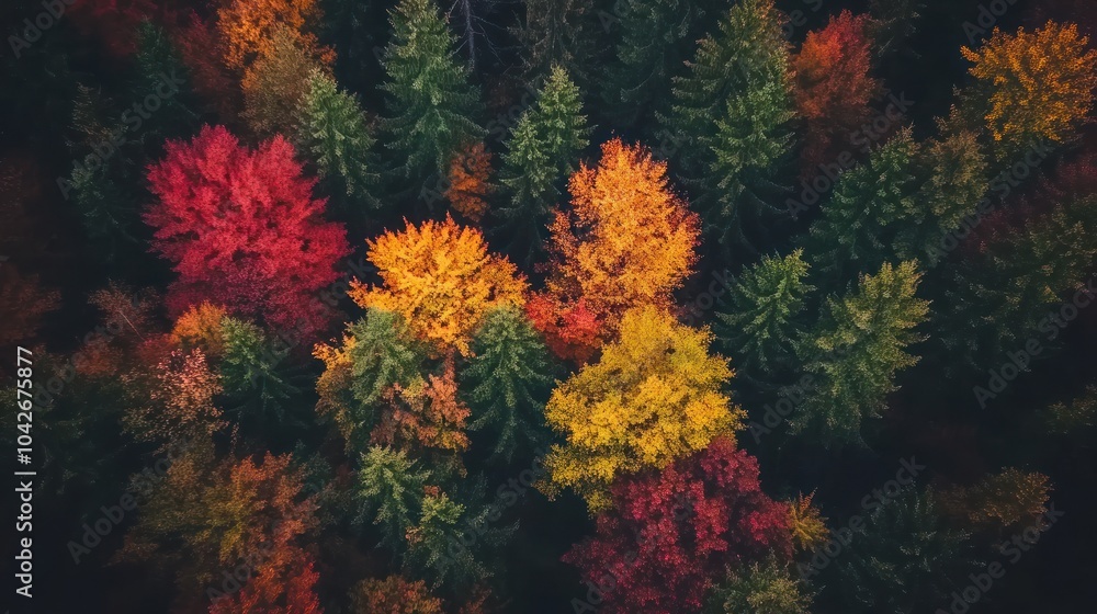 Aerial view of vibrant autumn foliage in a dense forest. Aerial view of vibrant autumn foliage in a dense forest.