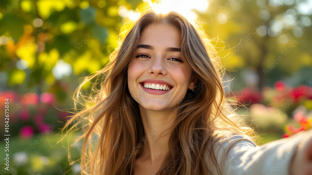 Joyful Smiling Woman in Sunlit Garden Joyful Smiling Woman in Sunlit Garden
