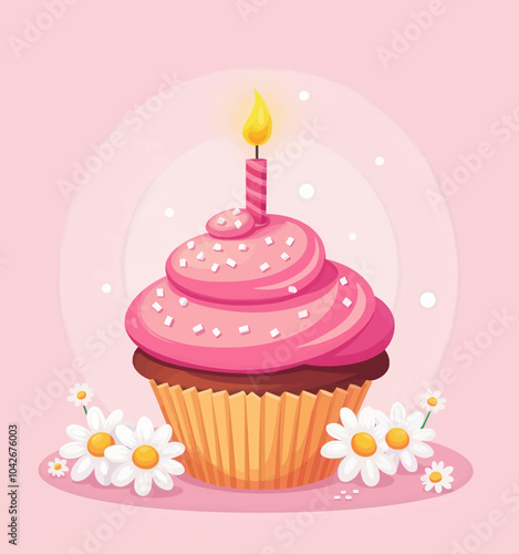 Pink Cupcake with Candle and Daisies