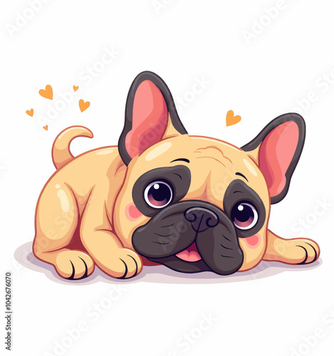 Playful Puppy: A Cute French Bulldog Lying Down with Hearts Floating Around