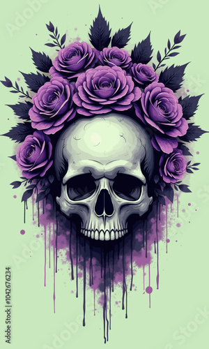 Purple Roses and Skull with Paint Splatter 