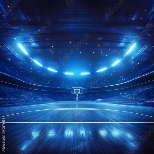 Dramatic Blue Lit Indoor Basketball Arena and Court for Professional Sports Championship Tournament