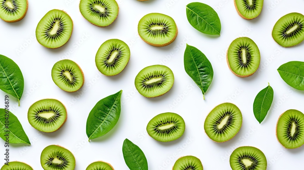 Fototapeta premium Fresh Sliced Kiwi with Leaves on White Background