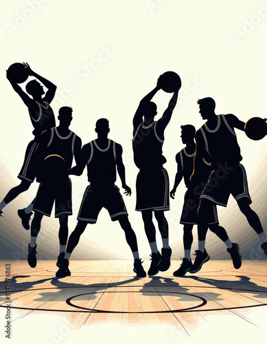 Silhouette of basketball players on court