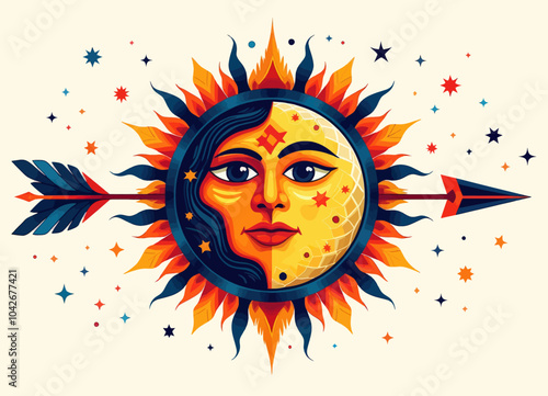 Sun and Moon Face with Arrow and Stars