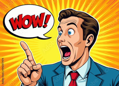 Surprised Man Pointing Up in Comic Book Style 
