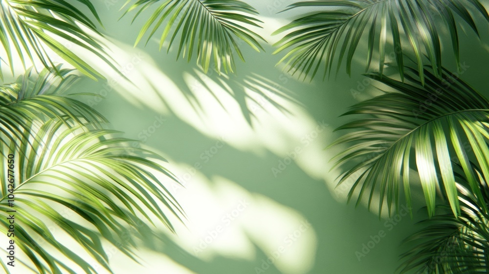 Lush green palm leaves casting shadows on a soft background, creating a serene atmosphere. Lush green palm leaves casting shadows on a soft background, creating a serene atmosphere.