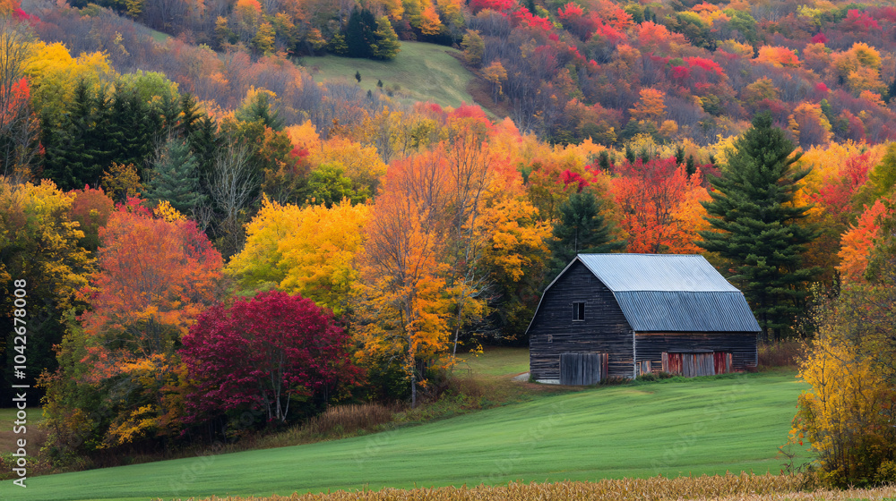 A picturesque barn nestled among the harvest fields, surrounded by colorful autumn foliage. A picturesque barn nestled among the harvest fields, surrounded by colorful autumn foliage.