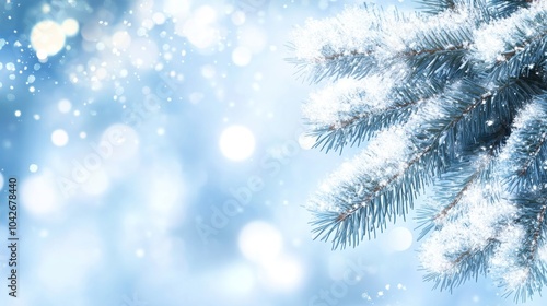 A serene winter scene featuring a frosted pine branch and soft snowfall.