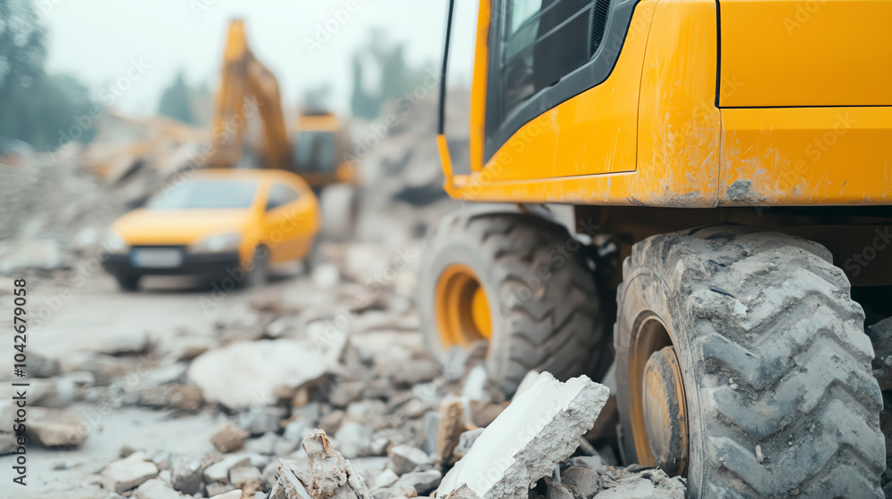 Close-up of a yellow construction vehicle on a rubble-strewn site, showcasing heavy machinery in action amidst debris and construction activity.