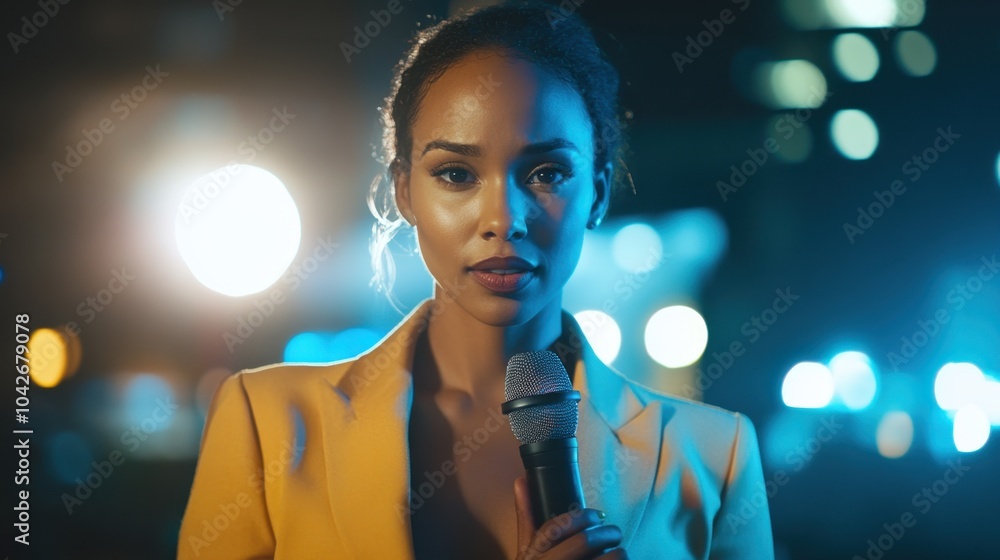 Obraz premium Professional Female TV Reporter Presenting News Live on Camera with Microphone in Hand under Studio Lights