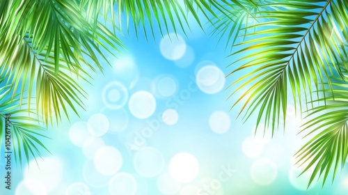 A vibrant tropical background with palm leaves and a soft bokeh effect.