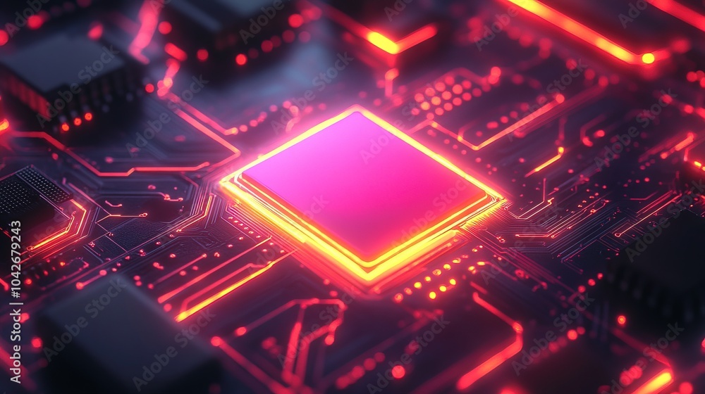 A computer chip is shown in a neon color scheme A computer chip is shown in a neon color scheme