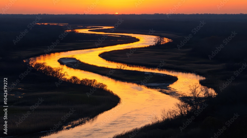 Fototapeta premium Serene River at Sunset with Golden Reflection